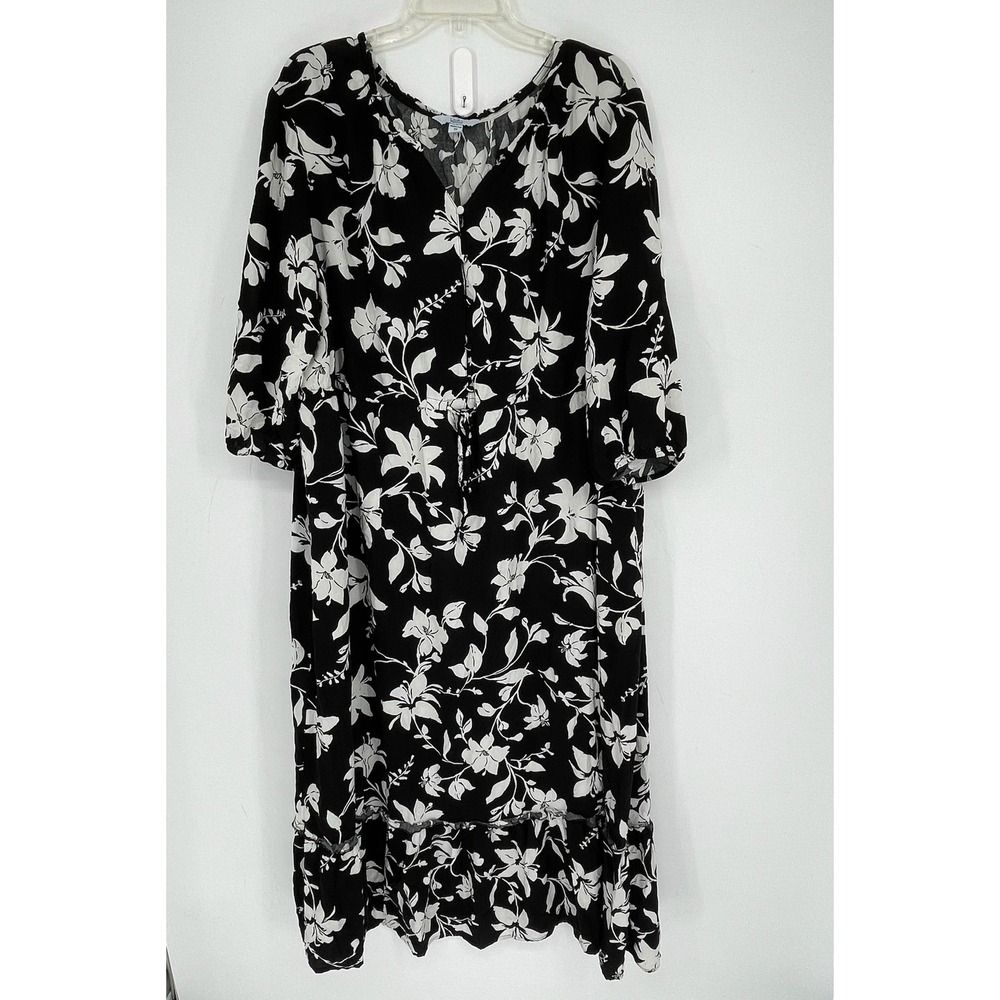 Croft & Barrow Women's Black Floral 3/4 Sleeve Button Front Midi Dress Size 3X